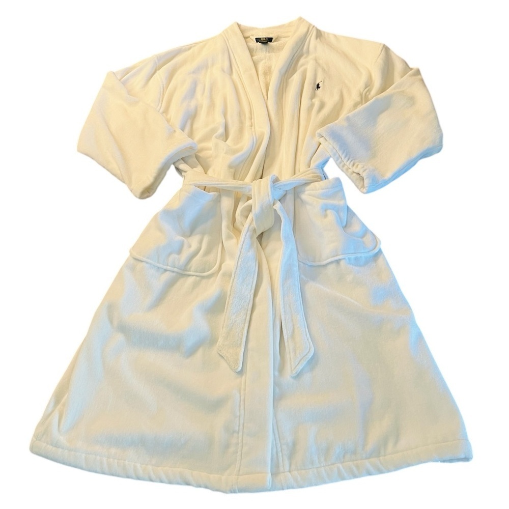 Polo by Ralph Lauren Men’s White Bathrobe with Blue Label Size S/M Like new